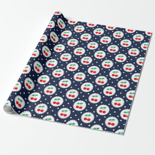 Papier Cadeau Été Vintage Navy, Blanc & Cerises Rouges