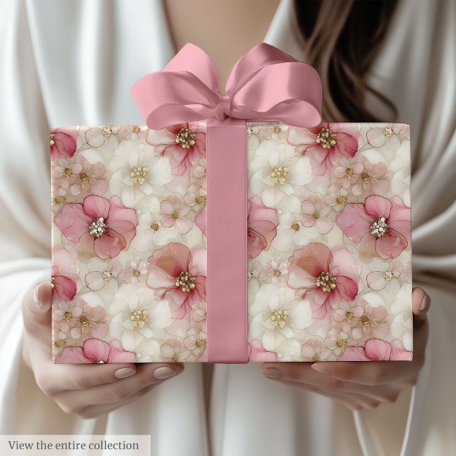 Papier Cadeau Ethereal blush and gold floral birthday wrap roll (Ethereal blush and gold floral birthday wrap roll)