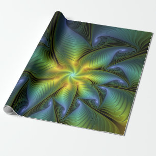 Papier Cadeau Etoile Abstraite, Bleu brillant Vert Or Fractal Ar