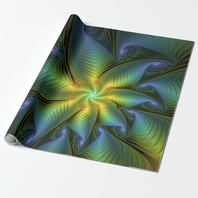 Papier Cadeau Etoile Abstraite, Bleu brillant Vert Or Fractal Ar (Déroulé)