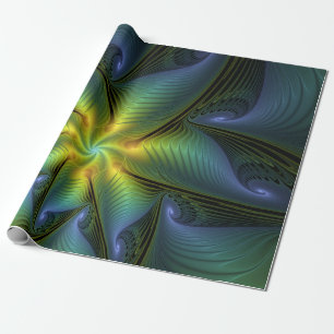 Papier Cadeau Etoile Abstraite, Bleu brillant Vert Or Fractal Ar