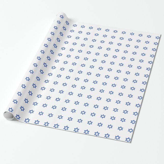 Papier Cadeau Étoile bleue de David sur fond blanc (Déroulé)