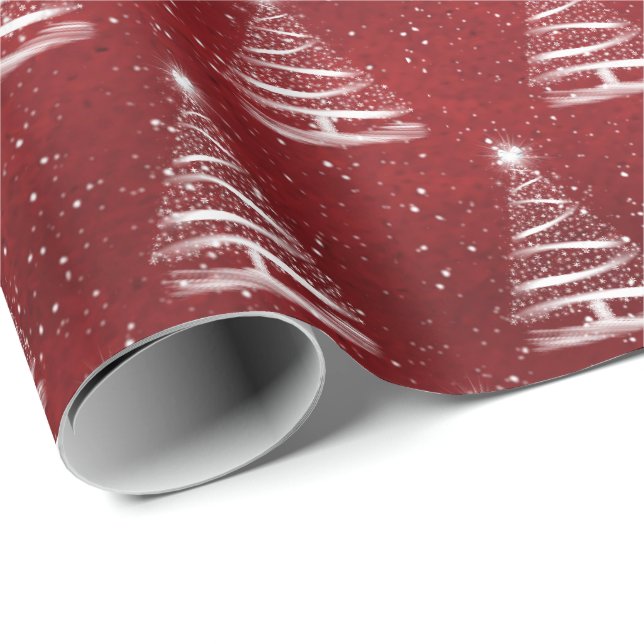 Papier Cadeau étoile d'arbre de Noël blanche sur fond rouge (Coin rond)