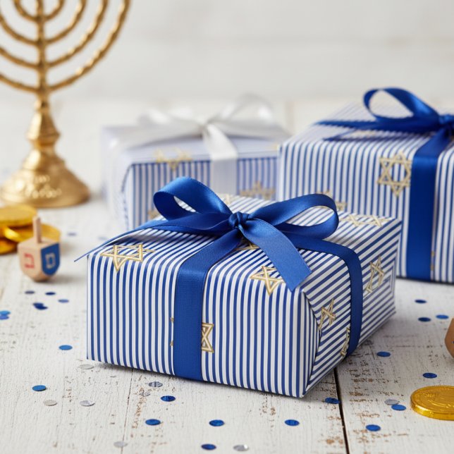 Papier Cadeau Étoile de David dorée juive bleu foncé rayée (Elegant Modern Striped Blue & White Jewish Gold Star of David Mazel Tov & Hanukkah Wrapping Paper)