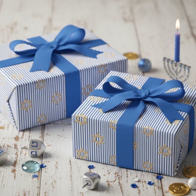 Papier Cadeau Étoile de David dorée juive rayée bleu vif (Elegant Modern Striped Blue & White Jewish Gold Star of David Mazel Tov & Hanukkah Wrapping Paper)