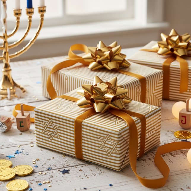 Papier Cadeau Étoile de David dorée rayée et atténuée en or juif (Elegant Jewish Star of David Elegant Striped Gold & White Pattern 4 Hanukkah, Bar Mitzvah, Mazel Tov)
