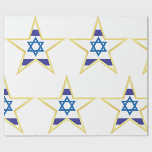 Papier Cadeau Étoile de David Drapeau Israélien avec Bordure Dor