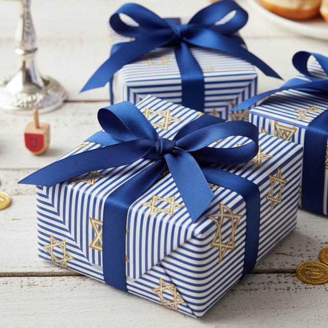 Papier Cadeau Étoile de David en or bleue saphir rayée juive (Chic Jewish Star of David Striped Sapphire Blue & White Pattern for Hanukkah, Bar Mitzvah, Mazel Tov)