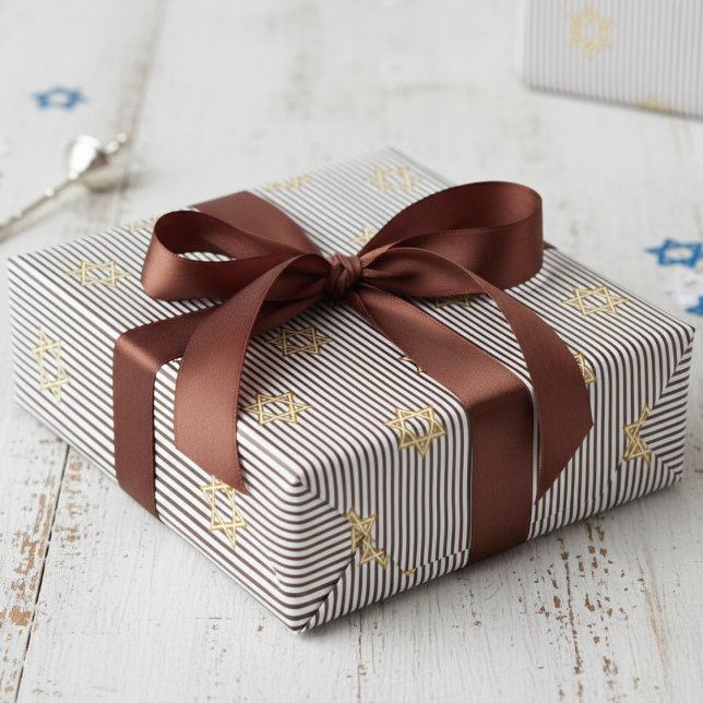 Papier Cadeau Étoile de David moderne en or marron foncé juive (Modern Elegant Dark Brown Stripes Jewish Wrapping Paper for Him for Bar Mitzvah, Mazel Tov, Hanukkah)