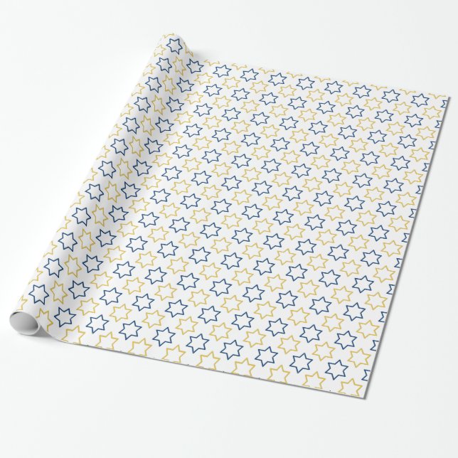Papier Cadeau Étoile de David | motif jaune bleu (Déroulé)