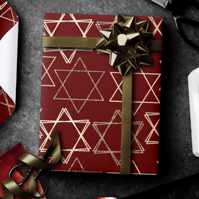 Papier Cadeau Étoile de David Motif | Moderne de l'or en rouge (Créateur téléchargé)