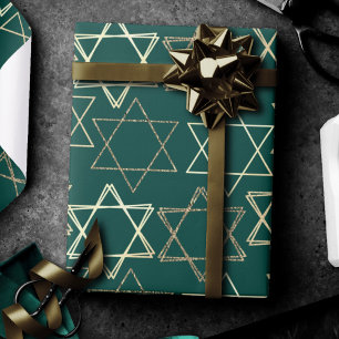 Papier Cadeau Étoile de David Motif   Moderne or sur vert
