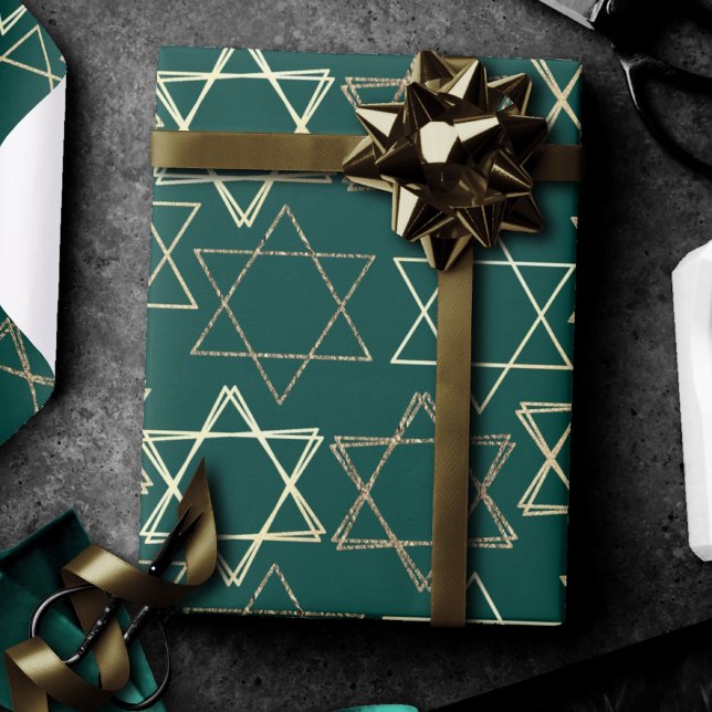 Papier Cadeau Étoile de David Motif | Moderne or sur vert (Créateur téléchargé)