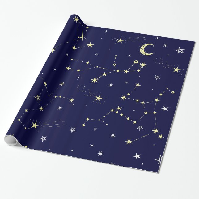 Papier Cadeau étoile de lune céleste constellation bleue (Déroulé)
