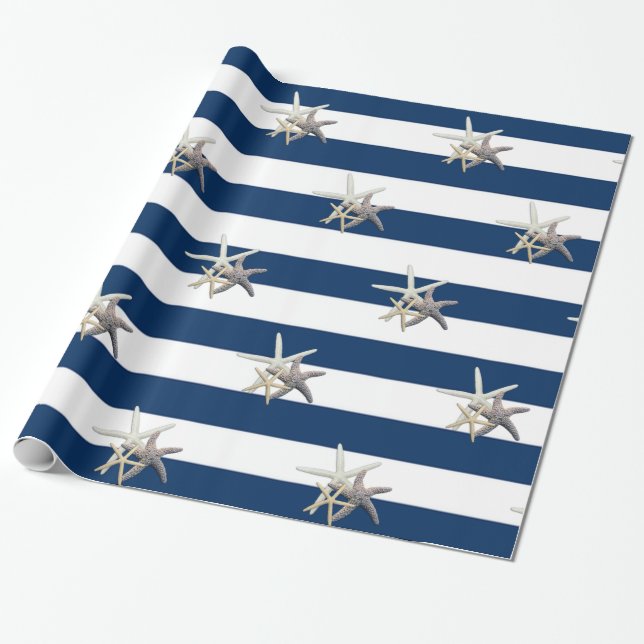 Papier Cadeau Étoile de mer adorable, rayures bleu marine (Déroulé)