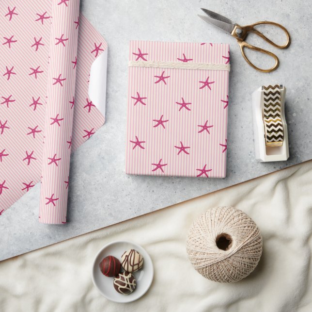 Papier Cadeau Étoile de mer côtière & rayure Méditerranéen Rose (Artisanat)