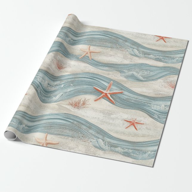 Papier Cadeau Étoile de mer côtière sur motif de vagues de sable (Déroulé)