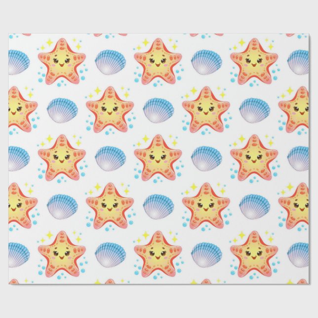 Papier Cadeau Étoile de mer mignonne et coquillages (Plat)