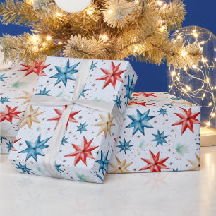 Papier Cadeau Étoile de Noël Ornements Rouge Bleu moderne Noël