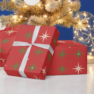 Papier Cadeau Étoile et Boule de Noël Rouge Contemporain Vintage