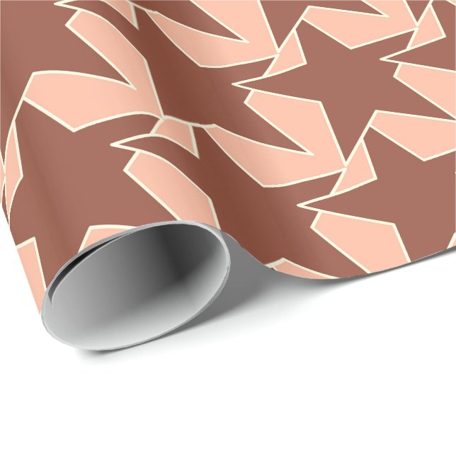 Papier Cadeau Etoile moderne géométrique - coco brun et pêche (Coin rond)