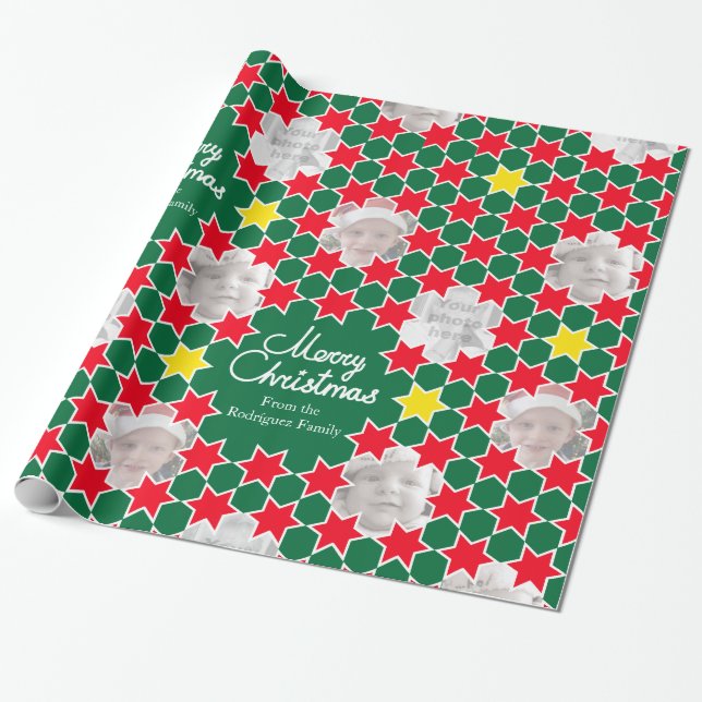 Papier Cadeau Étoile motif vert rouge photos de Noël envelopper (Déroulé)