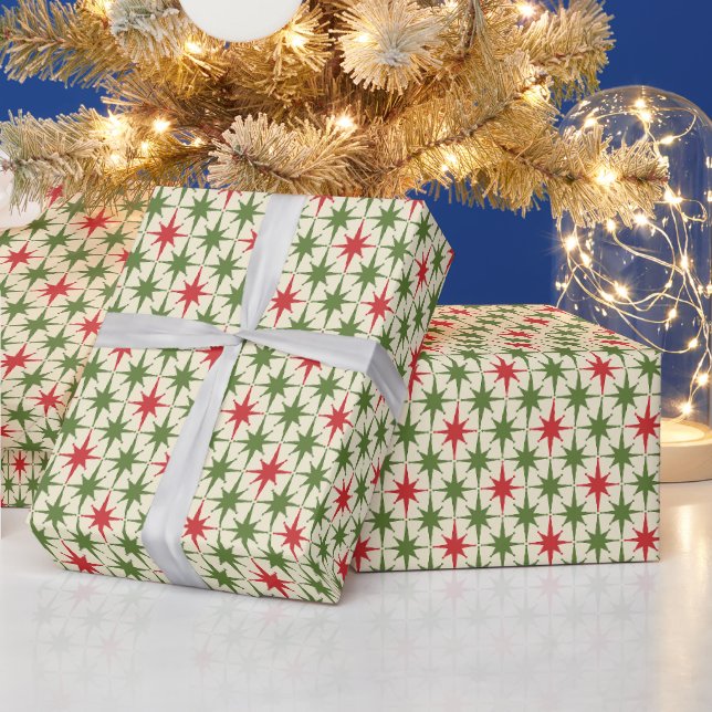 Papier Cadeau Étoiles Atomiques de Noël Rétro Moderne du Milieu  (Vacances)