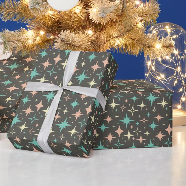Papier Cadeau Étoiles Atomiques Rose Bleu Jaune Brun Milieu de S (Vacances)