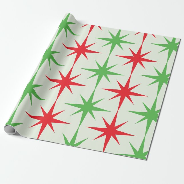 Papier Cadeau Étoiles atomiques rouge et vert de Noël du milieu  (Déroulé)