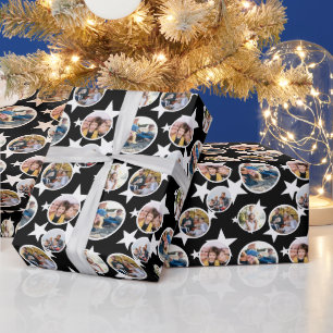 Papier Cadeau Étoiles Bandes Blanches Noires Photos Rondes Noël