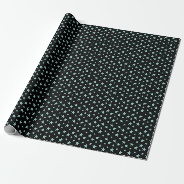 Papier Cadeau Étoiles Bleu-vert Mystiques et Fond Noir (Déroulé)