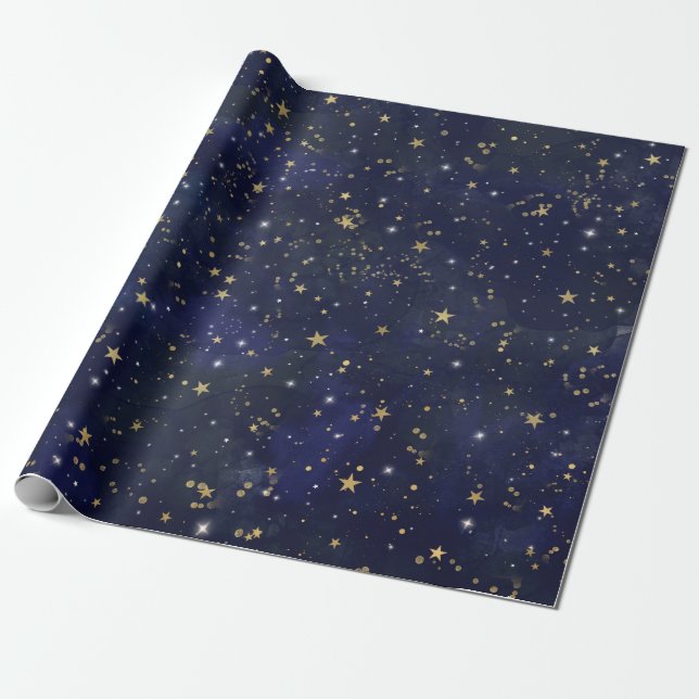 Papier Cadeau Étoiles célestes bleues et dorées aquarelle fantai (Déroulé)