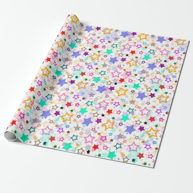 Papier Cadeau Étoiles colorées blanches  (Déroulé)