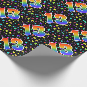 Papier Cadeau Étoiles colorées + Motif "13" d'arc-en-ciel
