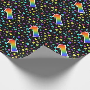 Papier Cadeau Étoiles colorées + Motif "1" d'arc-en-ciel