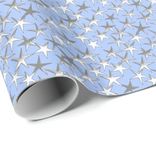Papier Cadeau étoiles d'argent, sur bleu pâle