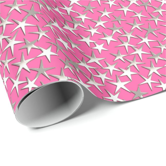 Papier Cadeau Étoiles d'argent sur fuchsia rose (Coin rond)