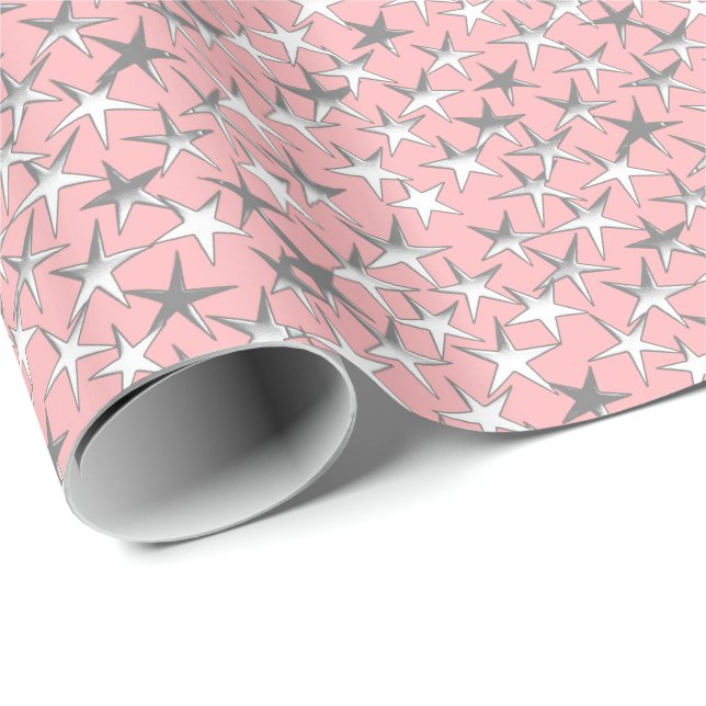 Papier Cadeau Étoiles d'argent, sur le rose de coquille (Coin rond)