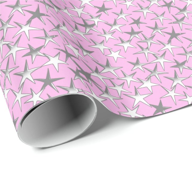 Papier Cadeau Etoiles d'argent sur Pastel Pink (Coin rond)