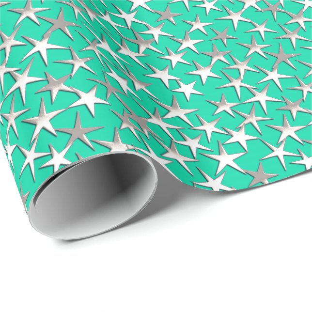 Papier Cadeau étoiles d'argent sur turquoise (Coin rond)