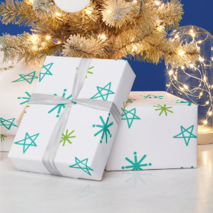 Papier Cadeau Étoiles de fête vertes et blanches Noël moderne