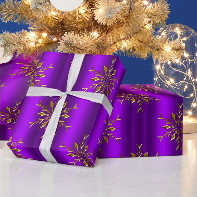 Papier Cadeau Étoiles de flocon d'or à Noël violet (Créateur téléchargé)