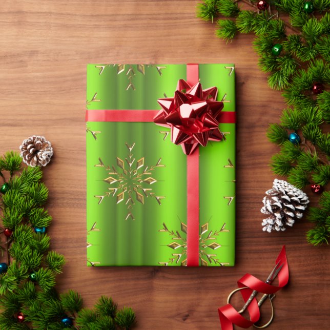 Papier Cadeau Étoiles de flocon d'or sur Noël vert (Créateur téléchargé)