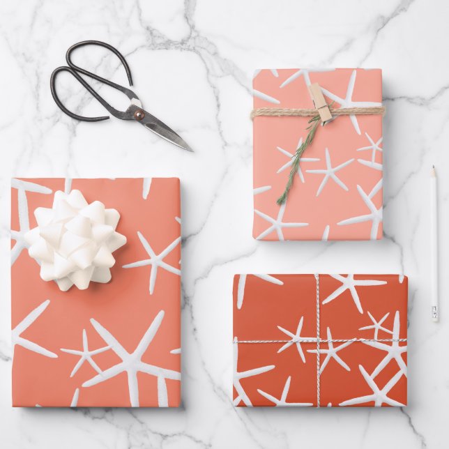 Papier Cadeau Étoiles de Mer Rose Corail (Recto)