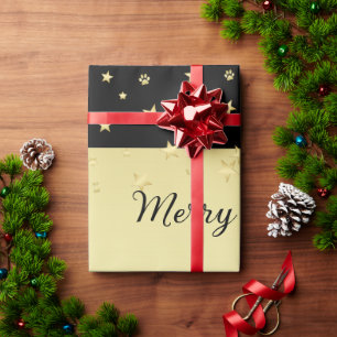 Papier Cadeau Etoiles de Noël brillantes or, pattes sur or et no