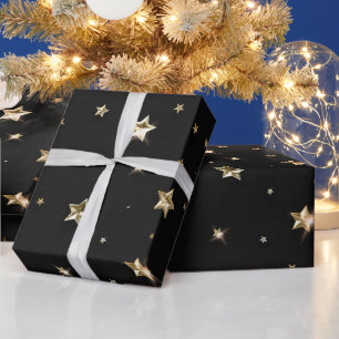 Papier Cadeau Étoiles de Noël en métal faux noir et or pour les 
