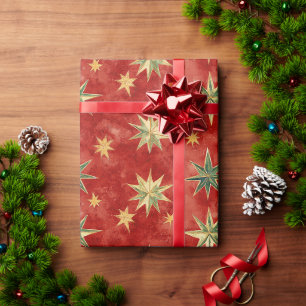 Papier Cadeau Étoiles de Noël Rouge Vert Or