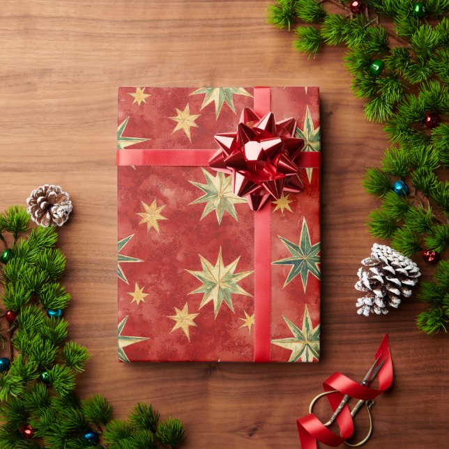Papier Cadeau Étoiles de Noël Rouge Vert Or (Cadeau de vacances)