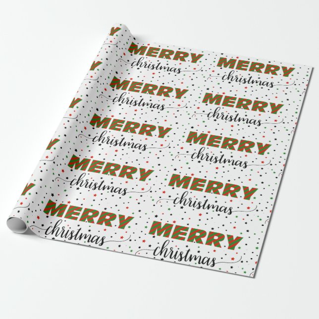 Papier Cadeau Étoiles de Noël rouges vertes rayées (Déroulé)
