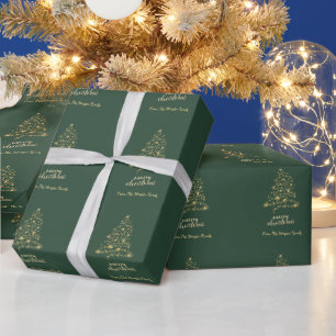 Papier Cadeau Étoiles de sapin doré vert Joyeux Noël   
